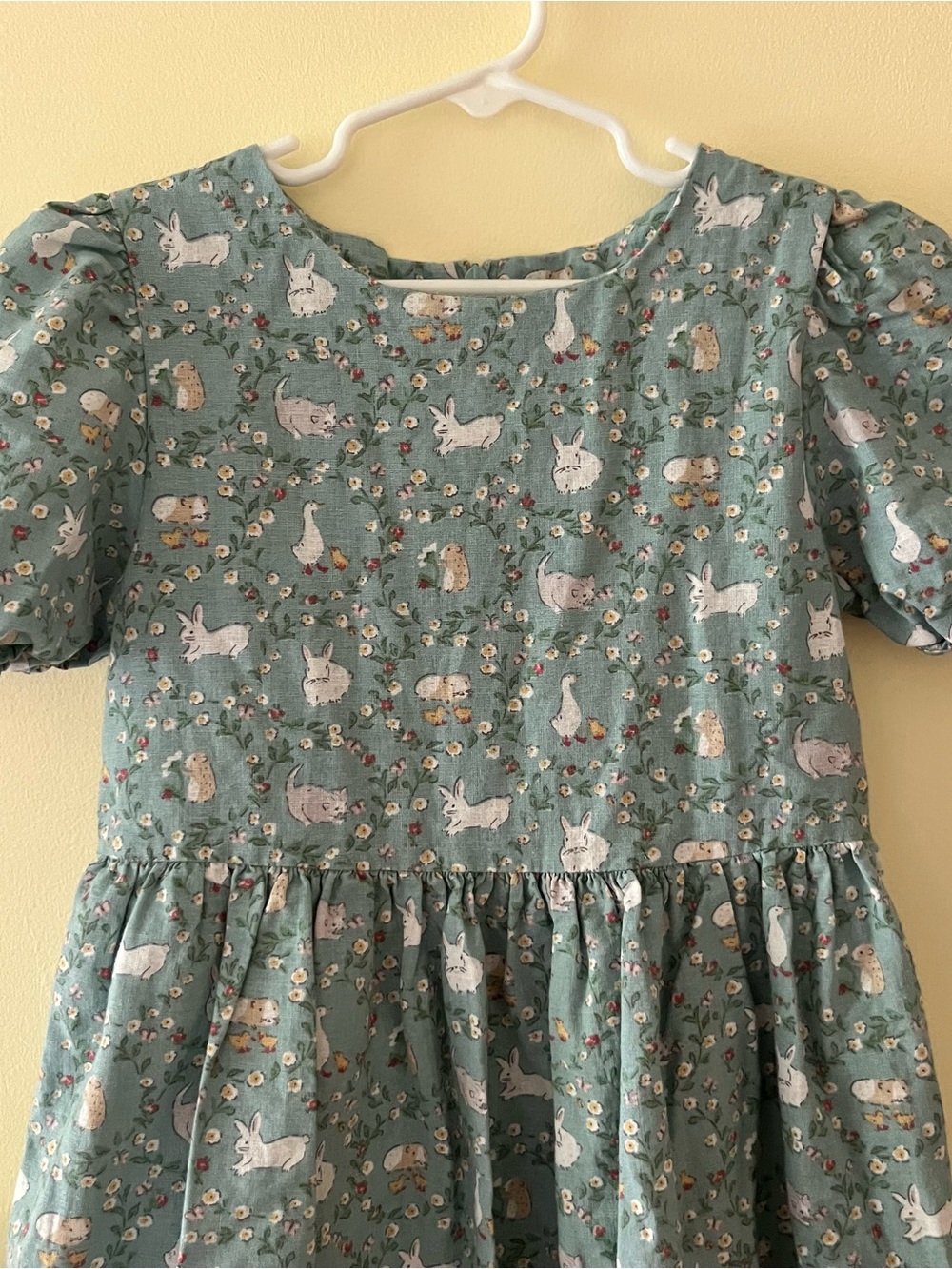 Mini Boden Linen Teal Green Bunny Goose Floral Puff-Sleeve Dress - Picture 4 of 8